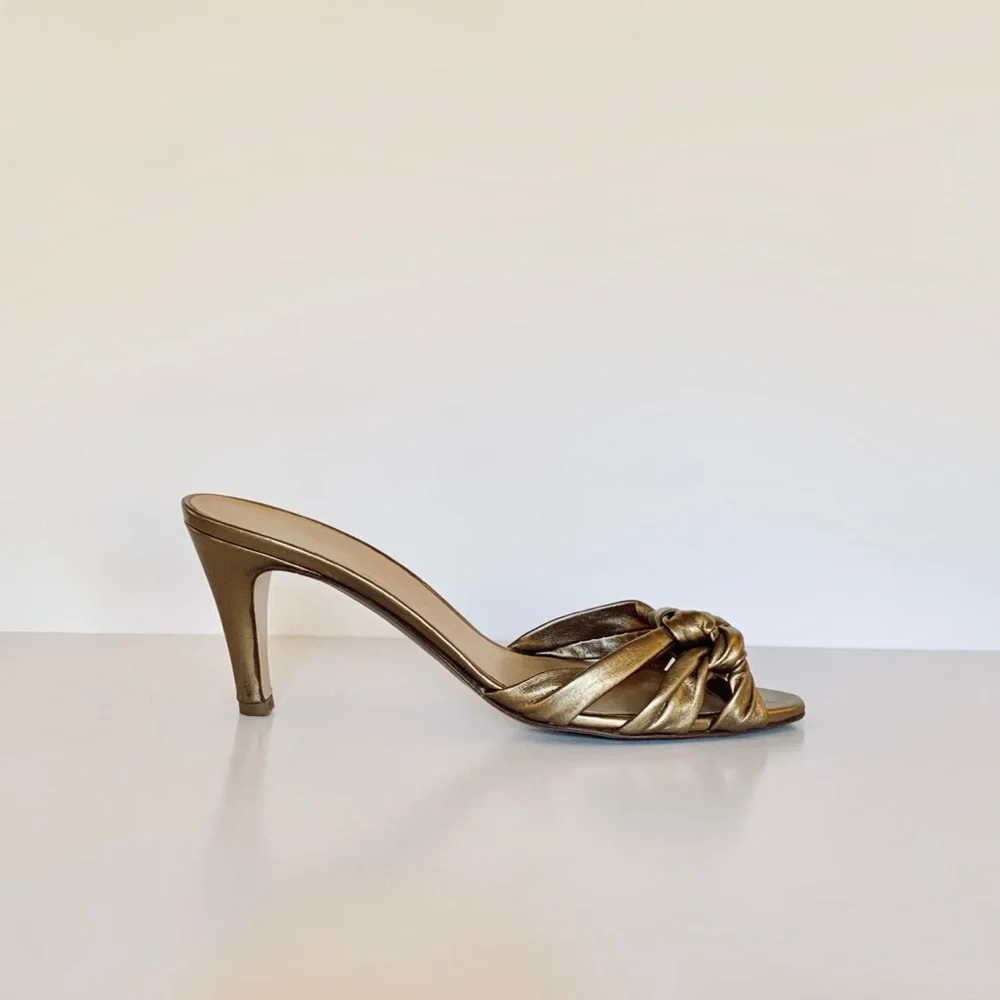 Salvatore Ferragamo Metallic Gold Knot Mule Heels